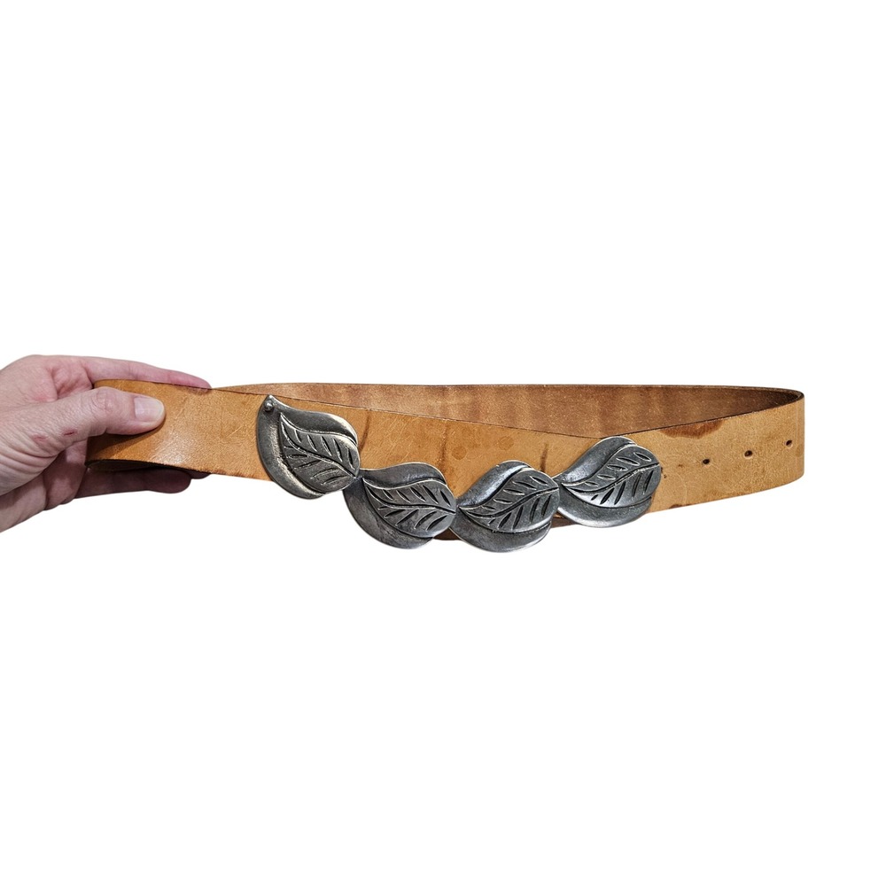 Calderon Vintage 70s Leather Belt Womens S Tan Silver Leaf Buckle Boho Nature